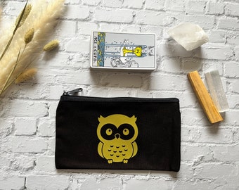 Black tarot card bag with owl graphic, tarot card bag, spell bag, witchcraft bag, tarot deck bag, oracle bag, affirmation bag, tarot pouch