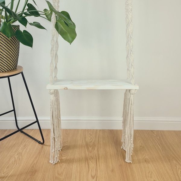 Natural White Macrame Swing | Indoor Swing | Long Seat | Steel Rings |