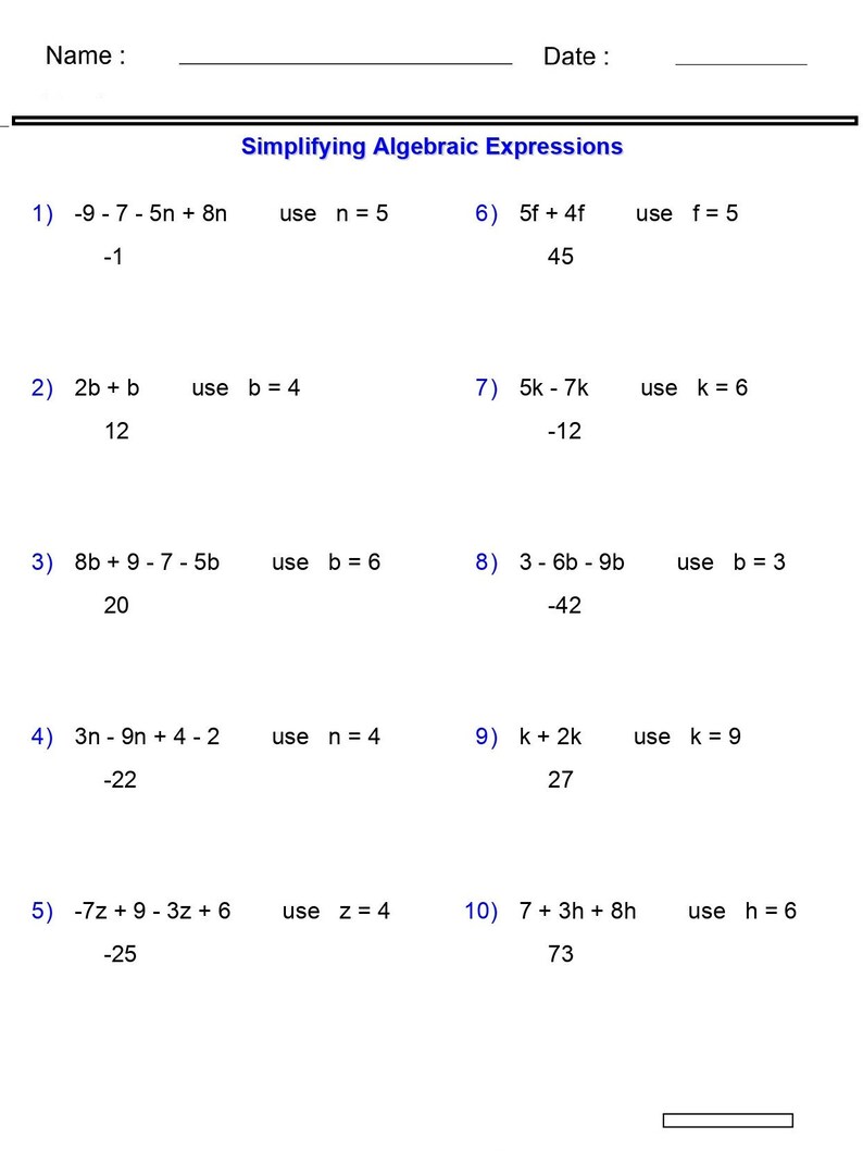 Algebraic Expressions Worksheets Evaluating One Variable - Etsy