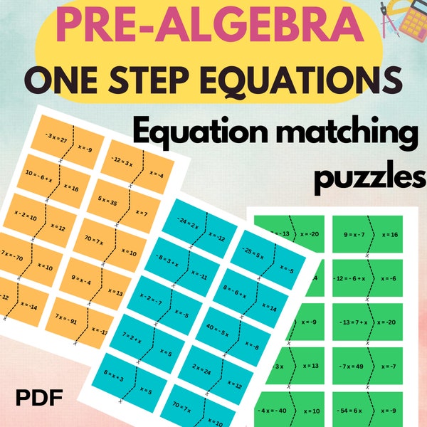 Pre-Algebra - Equation matching puzzles - One Step Equations Containing Integers - 3pages pdf
