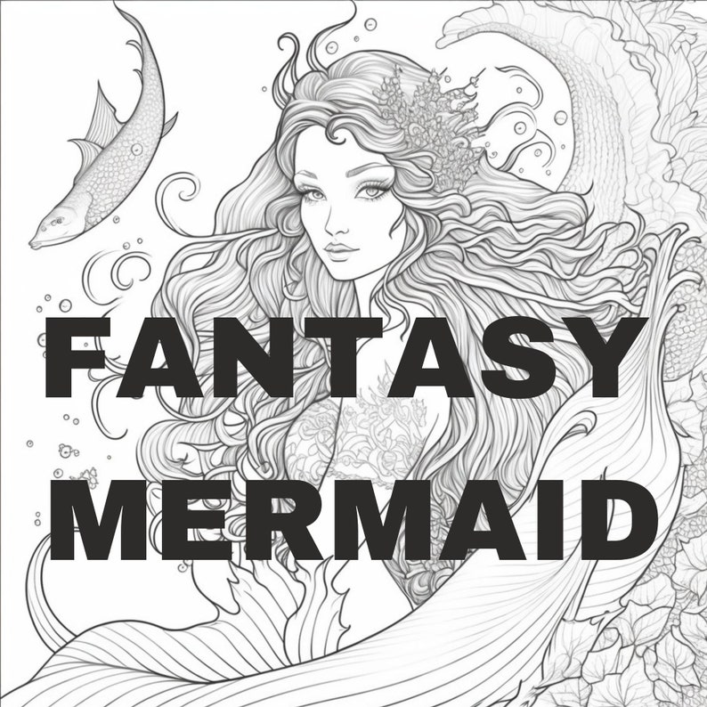 16 Cute Fantasy Mermaid Coloring Pages for Adults Mermaid Etsy