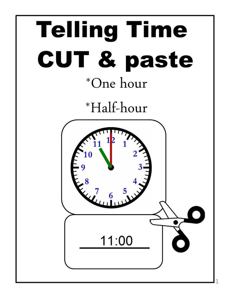 Telling the Time Cut and Paste One Hour and Halfhour for Kindergarten and 1st Grade Etsy