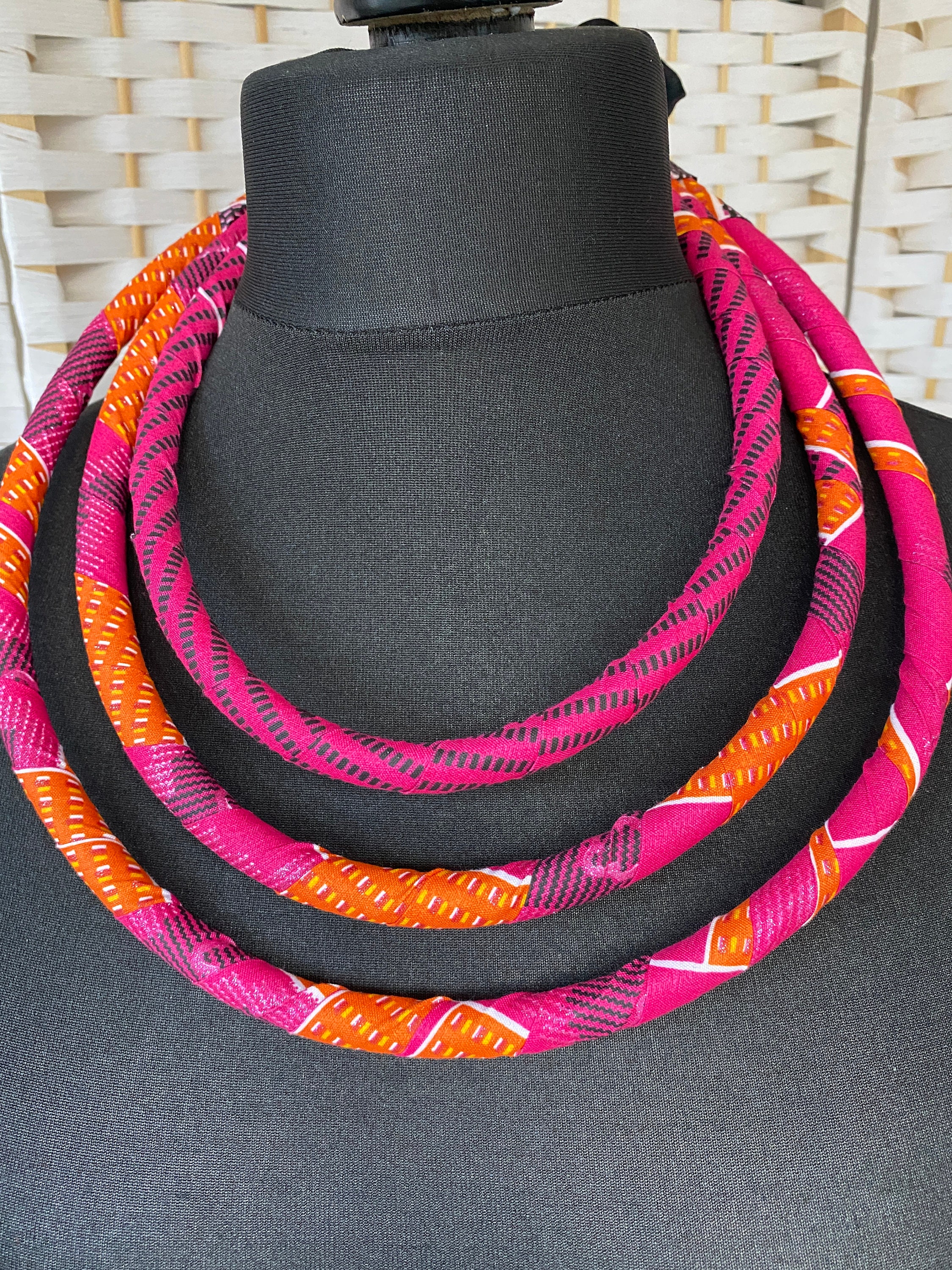 New Trend African Rope Necklace Print Wax Ankara Fabric Set Side Knot Necklace  Bracelet and Earrings 3 Pieces Set SP083