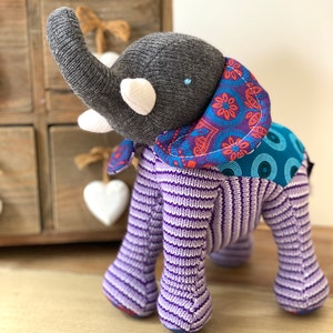 Beautifully Made Soft Toy Elephant - Handmade Toy Elephant - Striped Elephant - Contrast Detail - Knitted Toy - Shweshwe Fabric - Lavender