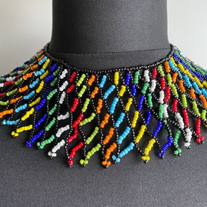 Beaded Collar Necklace - Lace Collar - Zulu Beaded Necklace - African Necklace - Ethnic Lace - Peacock - Feather Necklace