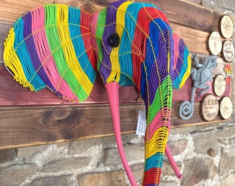 Rainbow Elephant Wall Decor - African Wirework Trophy Head - Eli Wire Sculpture - Telephone Wire - Scooby Wire - Wall Hanging - Wall Art