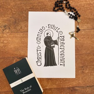 St Benedict A4 Linocut Print Benedictine Rule Christian Catholic Artwork Saints Holy Father Latin Liturgy Inscription Gift Idea