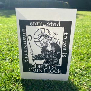 Carte d'ordination du Bon Pasteur et impression souvenir A5 Linogravure unique du ministère de la prêtrise, artiste chrétien