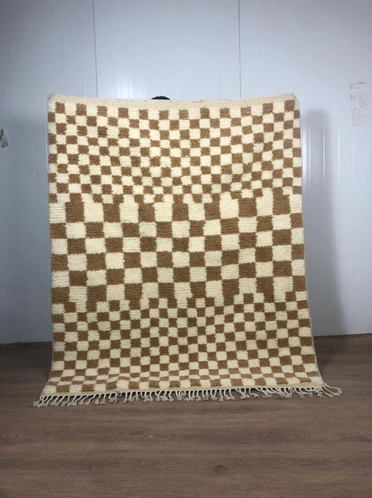 Tapis Marocain à Damier Berbère , Lovely Checkred Rug Handmade Hallway Teppich Area Wool Shaggy Carp