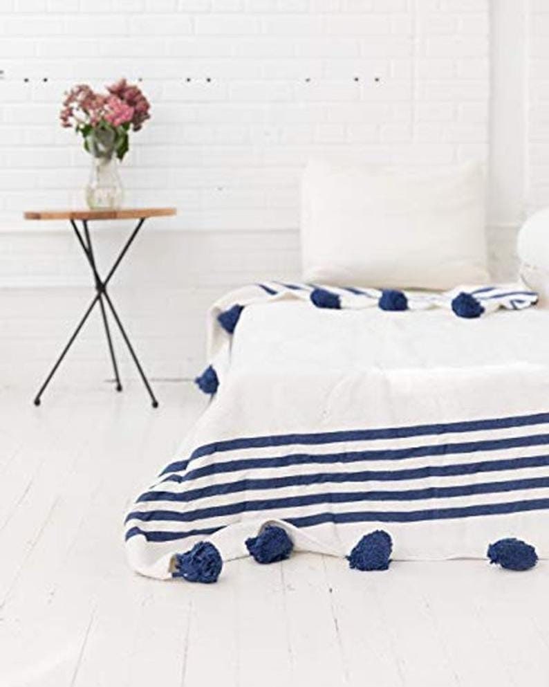 Couverture Pompon , Couverture Marocaine, Boho, Confortable, Pom Poms, Couvre-Lit, Berbère