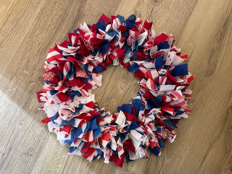 Queens jubilee door rag wreath - handmade red, white and blue rag door wreath - matching Jubilee Bunting also available from my shop 