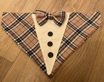 Dog tuxedo- Beige tartan check dog wedding tuxedo bandana