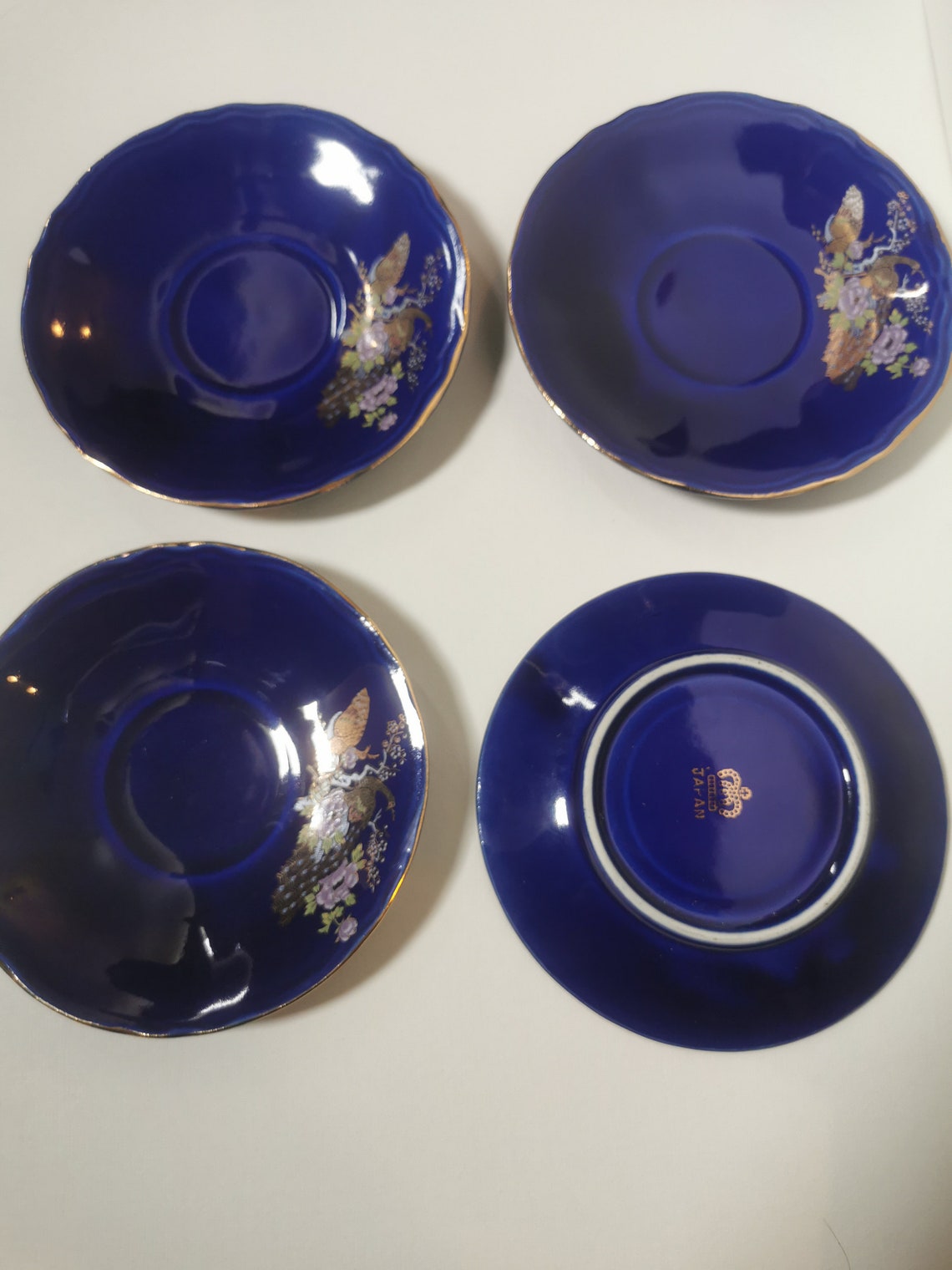 Set of 4 Cobalt Blue Japanese Saucers With Peacocks and Gold Etsy