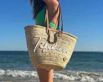 Large Woven Palm Leaf Beach Basket with Leather Handles - Customizable Palm Leaf Beach Bag, Embroidered Straw Basket