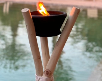 Outdoor Terracotta Candle, Fire Pit, Torch and Flambeau with Raw Wood Legs, Candle on Tripods, Natural Outdoor Lighting