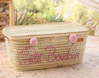 Personalized wicker storage trunk, storage chest to personalize in palm leaves, toy chest