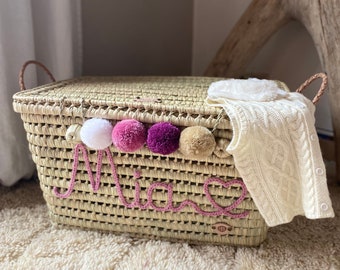 Personalized wicker storage trunk, storage chest to personalize in palm leaves, chest and toy basket