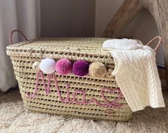 Personalized wicker storage trunk, personalized palm leaf storage chest, toy chest and basket