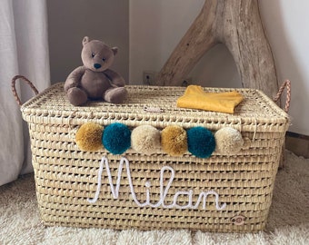 Personalized wicker storage trunk, storage chest to personalize in palm leaves, chest and toy basket