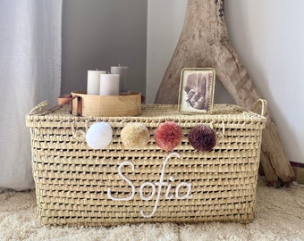 Personalized wicker storage trunk, personalized palm leaf storage chest, straw basket