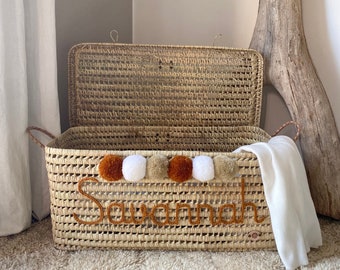 Personalized wicker storage trunk, storage chest to personalize in palm leaves, chest and toy basket