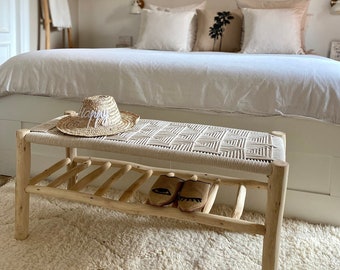 Handcrafted bench in raw wood and woven cotton rope with storage shelf