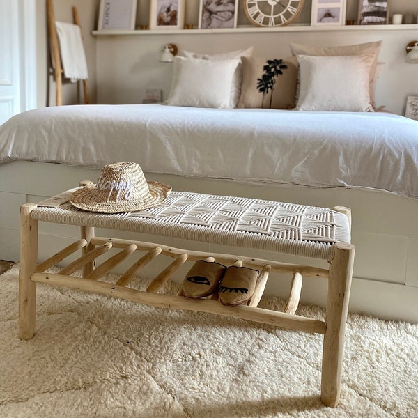 Raw Wood Bench and Hand-Woven Cotton Bench - A Natural and Handcrafted Seat for your Interior