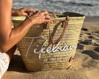 Large Woven Palm Leaf Beach Basket with Leather Handles - Customizable Palm Leaf Beach Bag, Embroidered Straw Basket