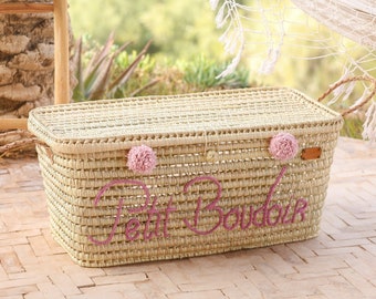Personalized wicker storage trunk, personalized palm leaf storage chest, toy chest