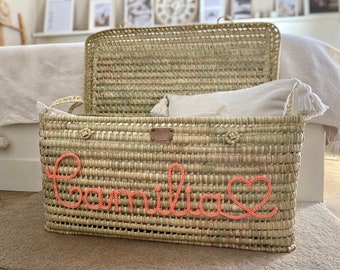 Personalized wicker storage trunk, personalized palm leaf storage box, toy box, decorative basket