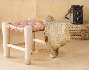 Small Moroccan stool in light wood and natural leather, 100% handmade!
