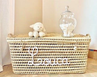 Personalized wicker storage trunk, storage chest to personalize in palm leaves, toy chest