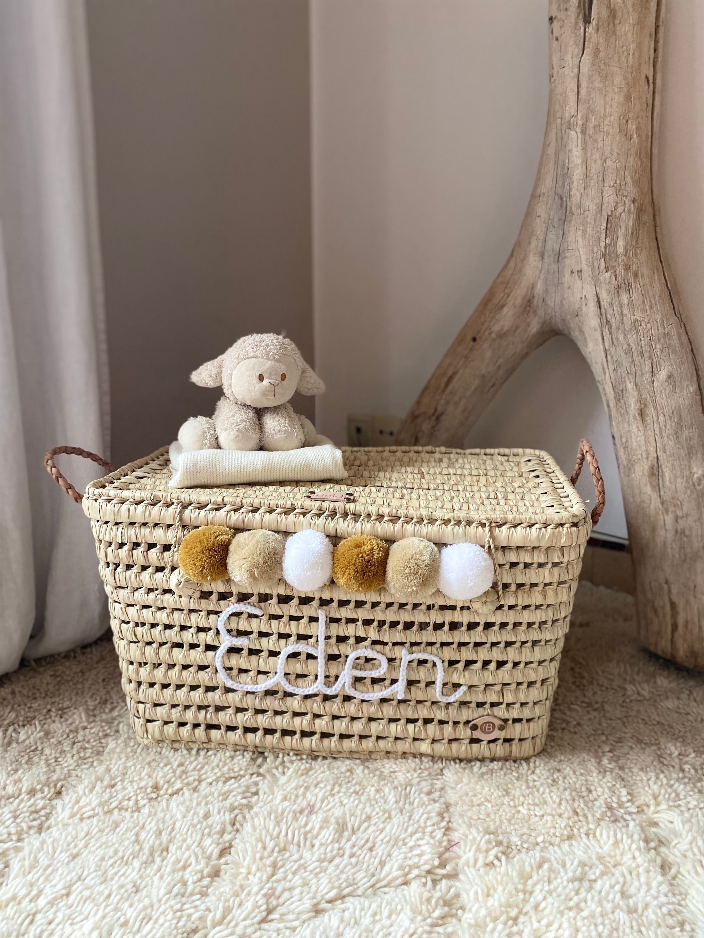 Personalized wicker storage trunk, personalized palm leaf storage chest, toy chest and basket