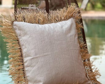 Set of 2 Cotton or Jute Cushion Covers with Raffia Fringes - Square and Rectangular - Handmade - Free Shipping