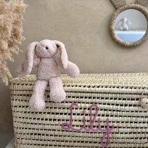 May include: A rectangular woven straw storage basket featuring the name Lily embroidered in purple yarn on the front. A soft, light pink plush rabbit toy with long floppy ears sits on the lid of the basket. The basket has a woven texture.