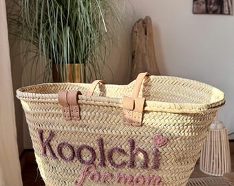 Customizable Hand Embroidered Basket - Personalized Mother's Day Gift - “Koolchi for Mom” - Moroccan Straw Basket for Mom