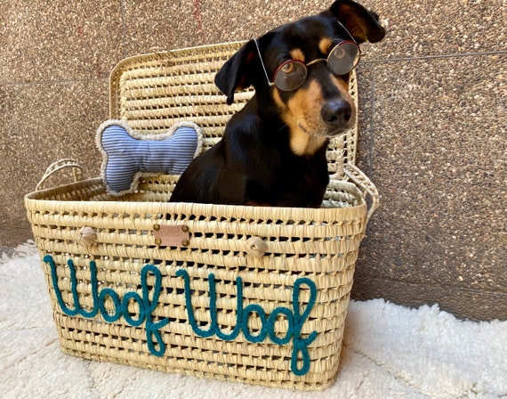 Personalized Wicker Dog or Cat Basket, Customizable Dog Toy Box