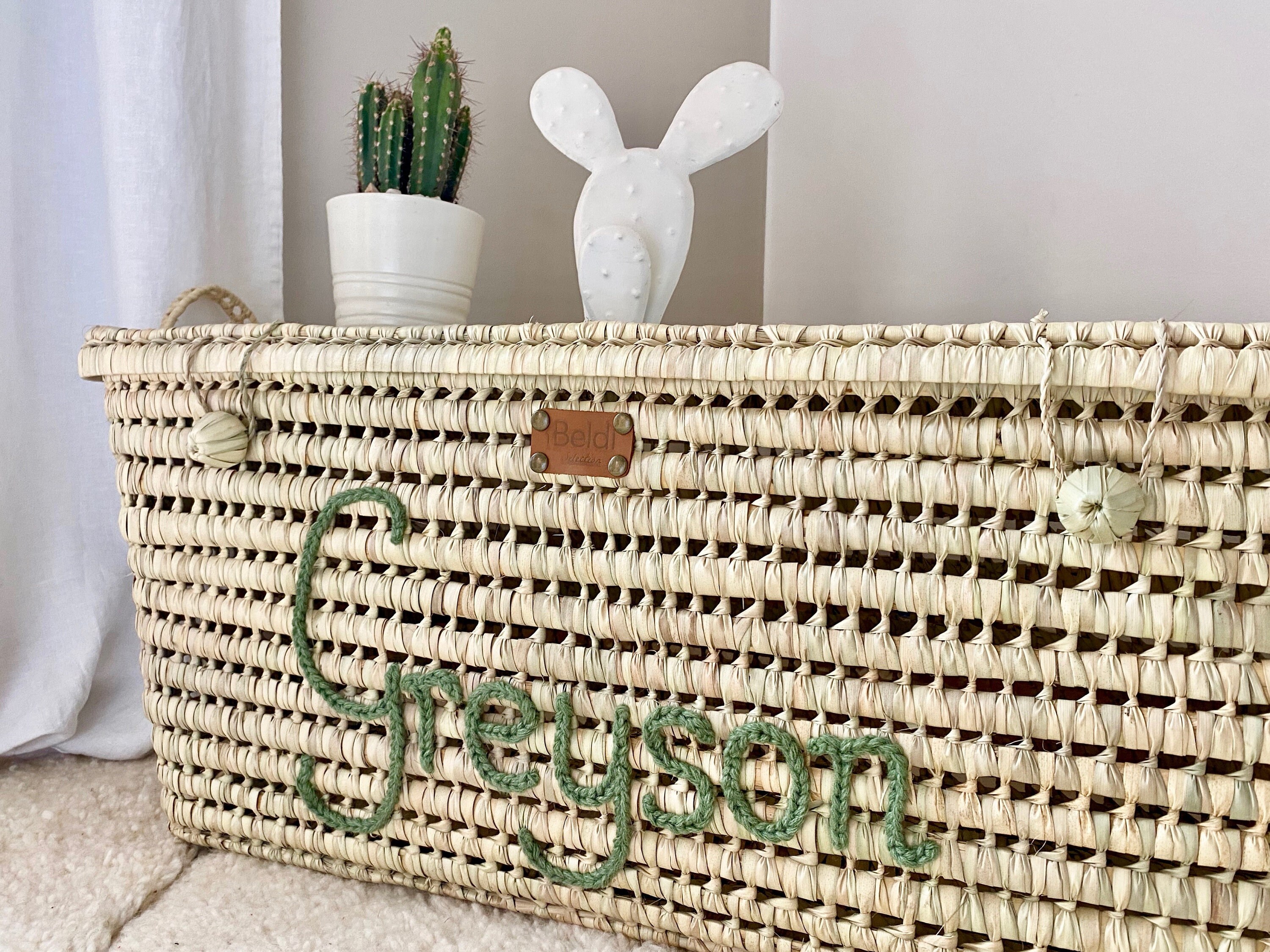 Personalized straw trunk, basket & storage chest, customizable woven laundry basket, wicker toy chest to embroider