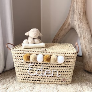 Personalized wicker storage trunk, personalized palm leaf storage chest, toy chest and basket