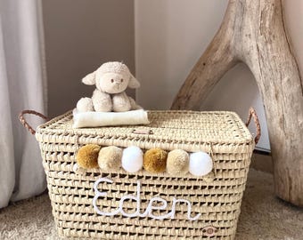 Personalized wicker storage trunk, personalized palm leaf storage chest, toy chest and basket