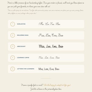 May include: A font selection guide titled A few fonts to inspire you by Beldi Selection. It lists five numbered handwriting styles: Darleston, Deuxi&egrave;me Rang, Abecedary, Learning Curve, and Letters for Learners, each displaying the names Mia, Lee, Eva, Bao.