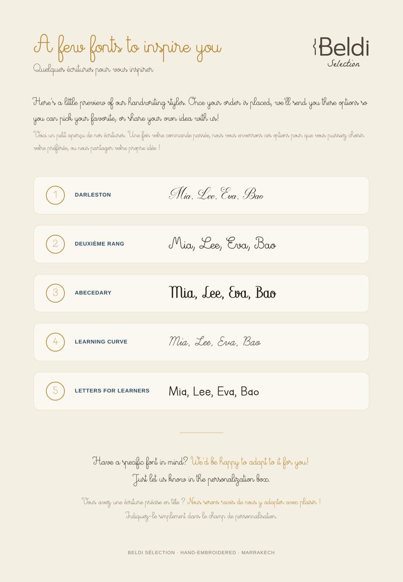 May include: A font selection guide titled A few fonts to inspire you by Beldi Selection. It lists five numbered handwriting styles: Darleston, Deuxi&egrave;me Rang, Abecedary, Learning Curve, and Letters for Learners, each displaying the names Mia, Lee, Eva, Bao.