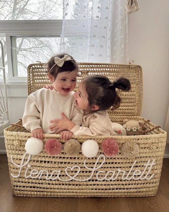 Personalized Wicker Toy Chest – Handwoven Storage Box with Crochet Embroidery - Nursery Storage, Kids Toy Box, Baby Gift