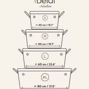 May include: A Beldi Selection graphic showing four rectangular storage baskets stacked vertically. Each basket features side handles and is labeled with sizes S, M, L, and XL, with widths of 15.7 inches, 19.7 inches, 23.6 inches, and 31.5 inches respectively.