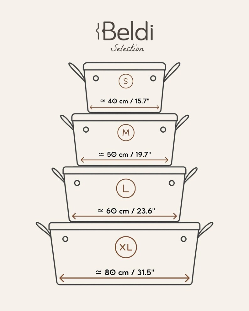 May include: A Beldi Selection graphic showing four rectangular storage baskets stacked vertically. Each basket features side handles and is labeled with sizes S, M, L, and XL, with widths of 15.7 inches, 19.7 inches, 23.6 inches, and 31.5 inches respectively.