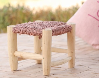 Small Moroccan Boucherouite stool for children in light wood and recycled cotton, 100% handmade!
