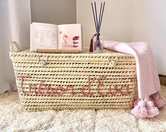 Personalized wicker storage trunk, personalized palm leaf storage chest, toy chest