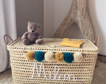 Personalized Wicker Toy Chest for Boys — Custom Baby Boy Gift | Handwoven Palm Leaf Storage Basket, Nursery Organizer, Boho Kids Room