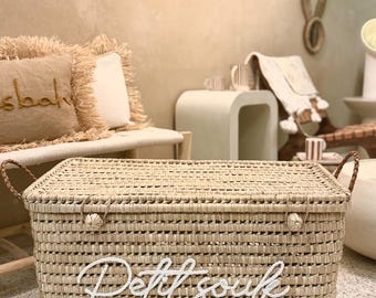 Personalized wicker storage trunk, customizable palm leaf storage chest, toy chest