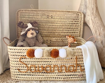 Personalized wicker storage trunk, personalized palm leaf storage chest, toy chest and basket